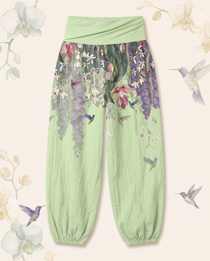 Orchid & Birds Cotton Harem Pants — in honeydew, flat-lay view