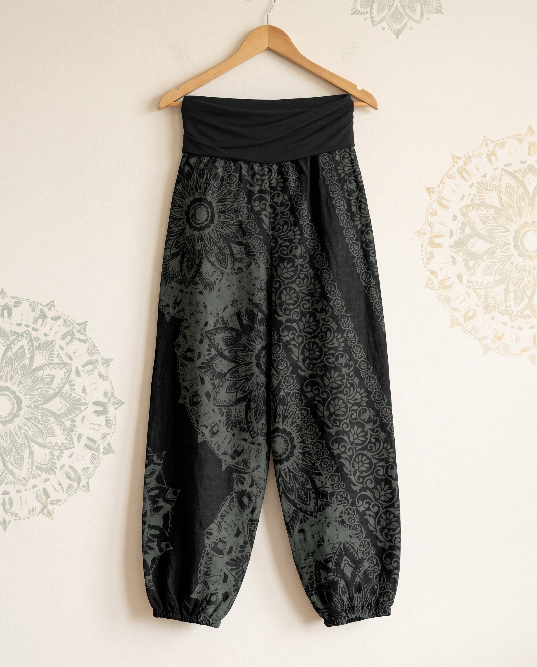 Mandala Cotton Harem Pants — in black, hanging view