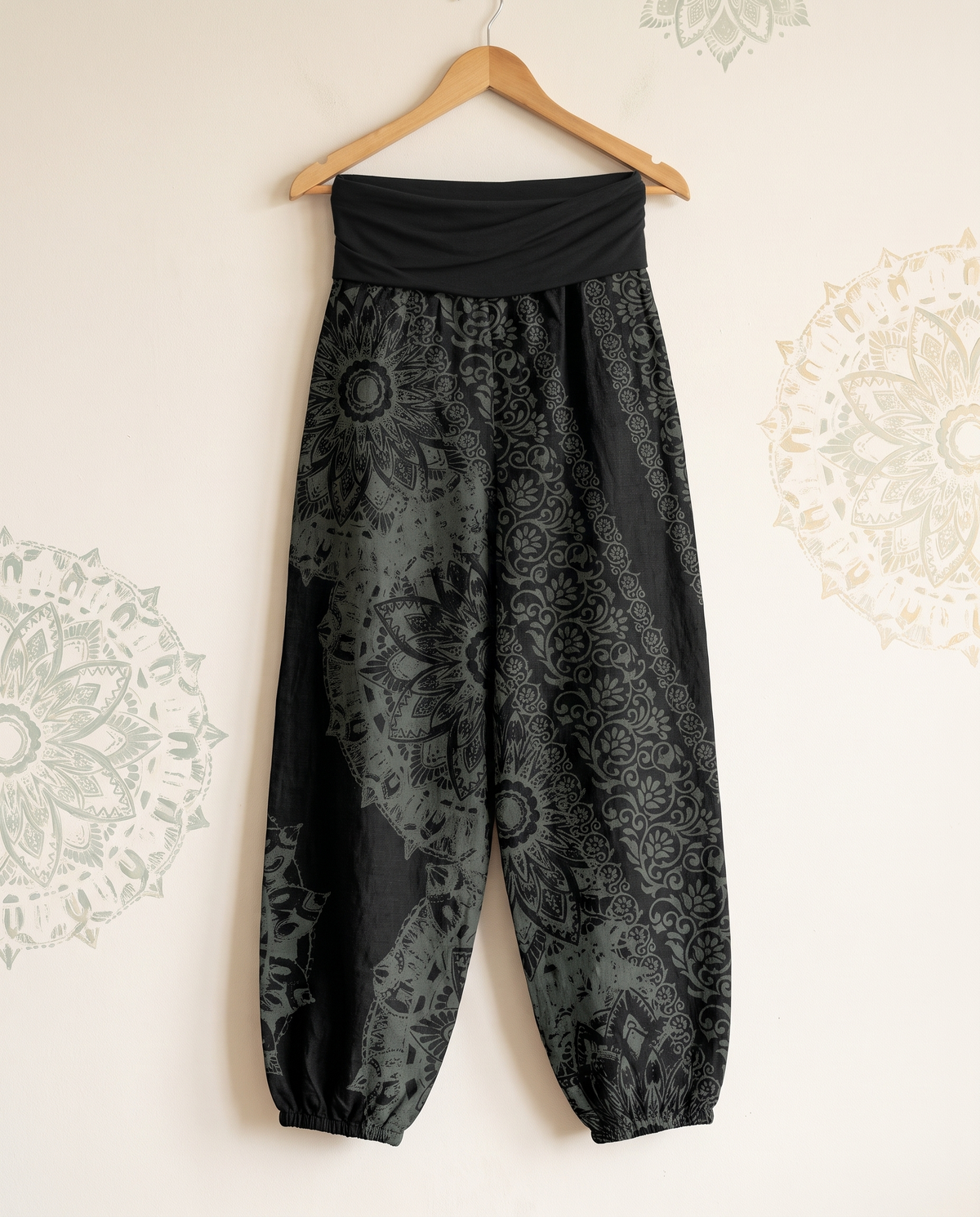 Mandala Cotton Harem Pants — in black, hanging view
