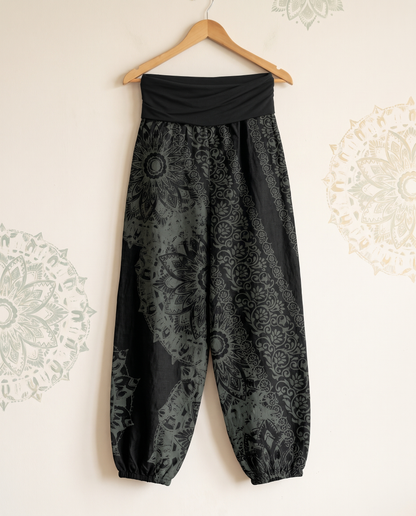 Mandala Cotton Harem Pants — in black, hanging view