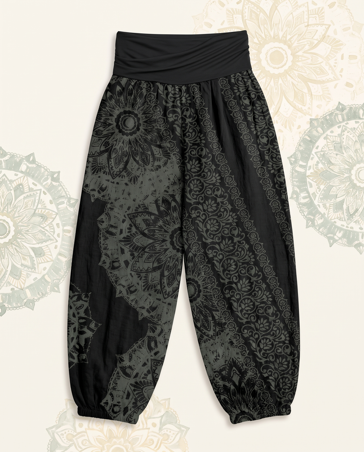 Mandala Cotton Harem Pants — in black, flat-lay view
