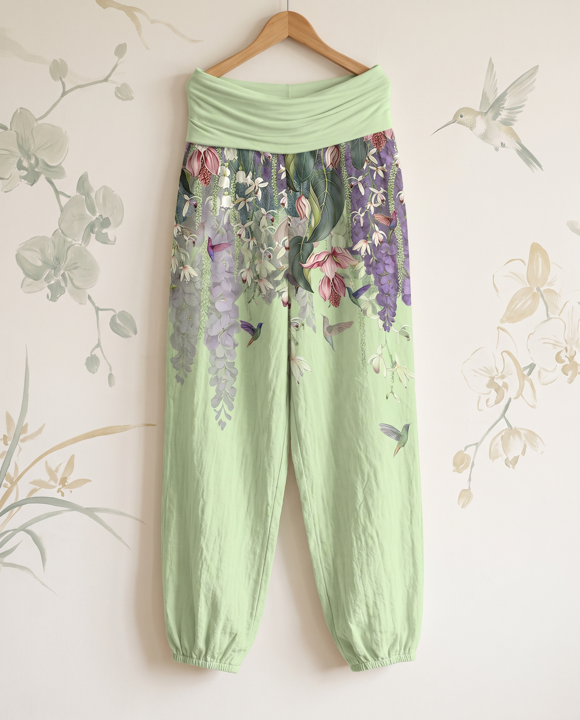 Orchid & Birds Cotton Harem Pants — in honeydew, hanging view