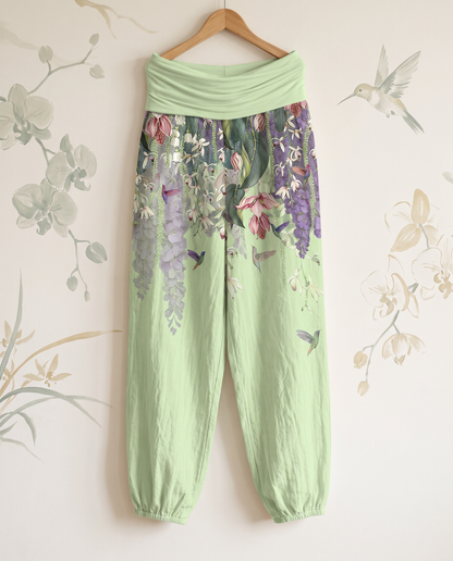 Orchid & Birds Cotton Harem Pants — in honeydew, hanging view