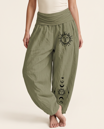 Sun & Moon Cotton Harem Pants — in olive drab, worn by a model