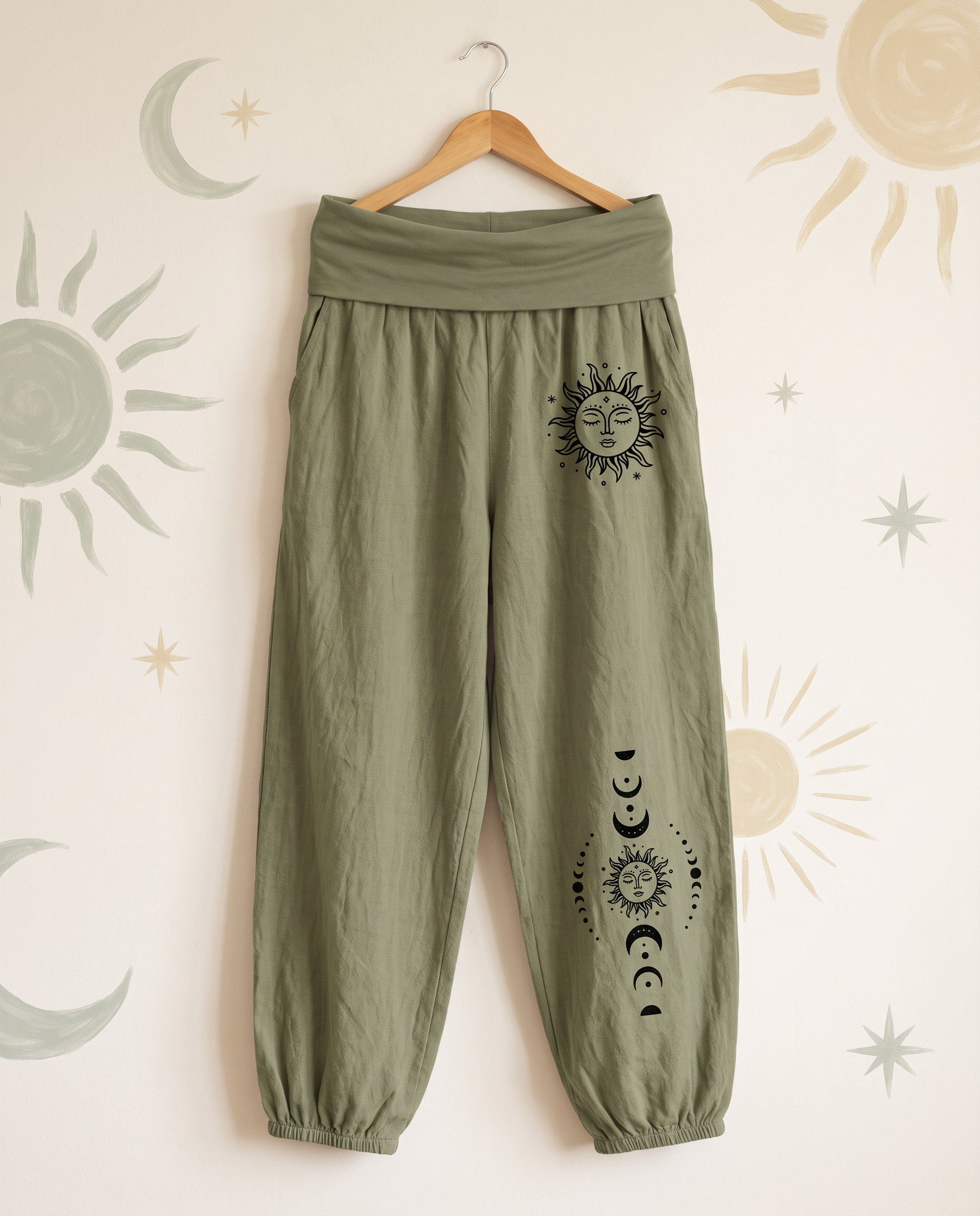 Sun & Moon Cotton Harem Pants — in olive drab, hanging view