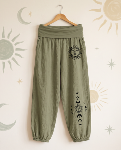 Sun & Moon Cotton Harem Pants — in olive drab, hanging view