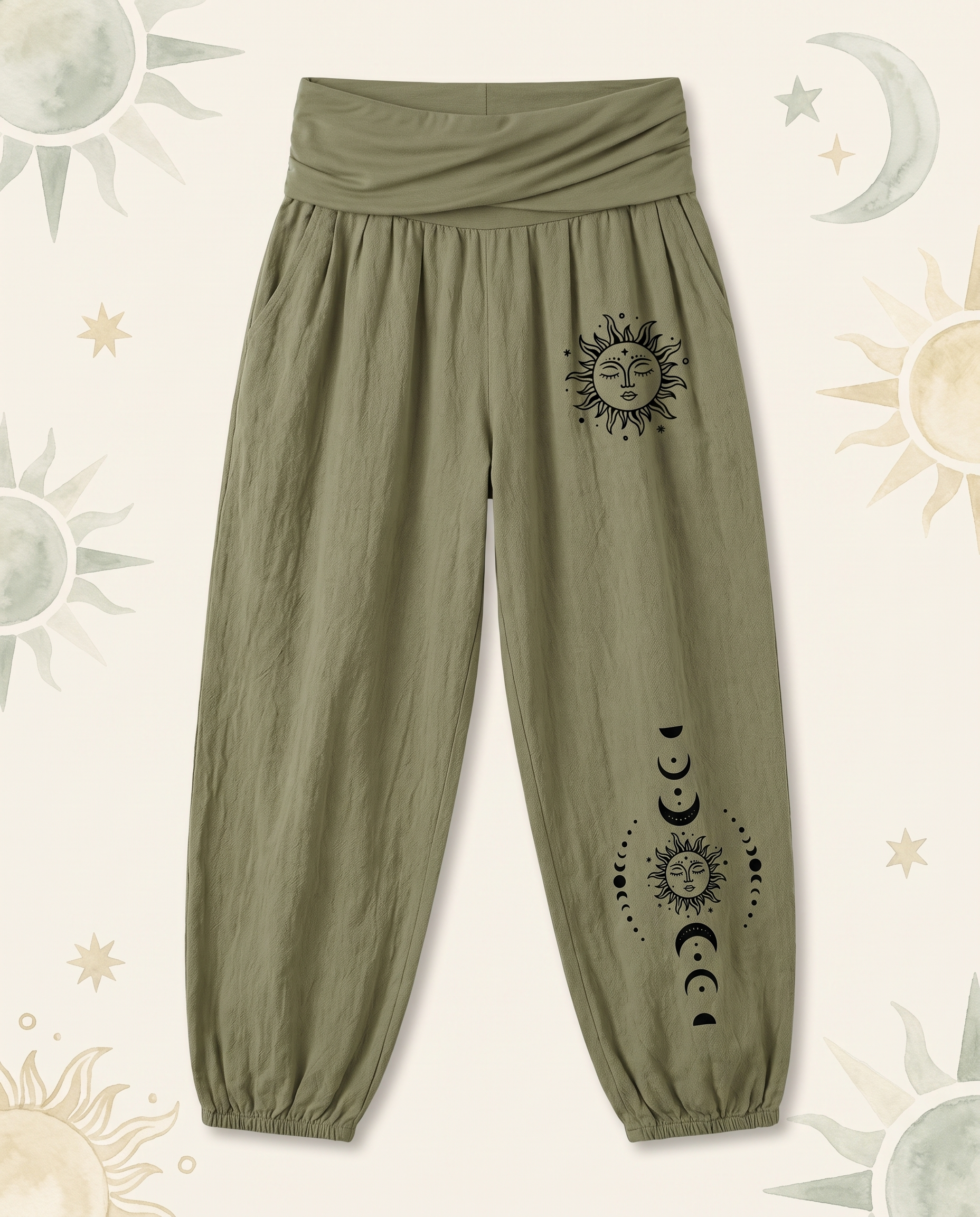 Sun & Moon Cotton Harem Pants — in olive drab, flat-lay view