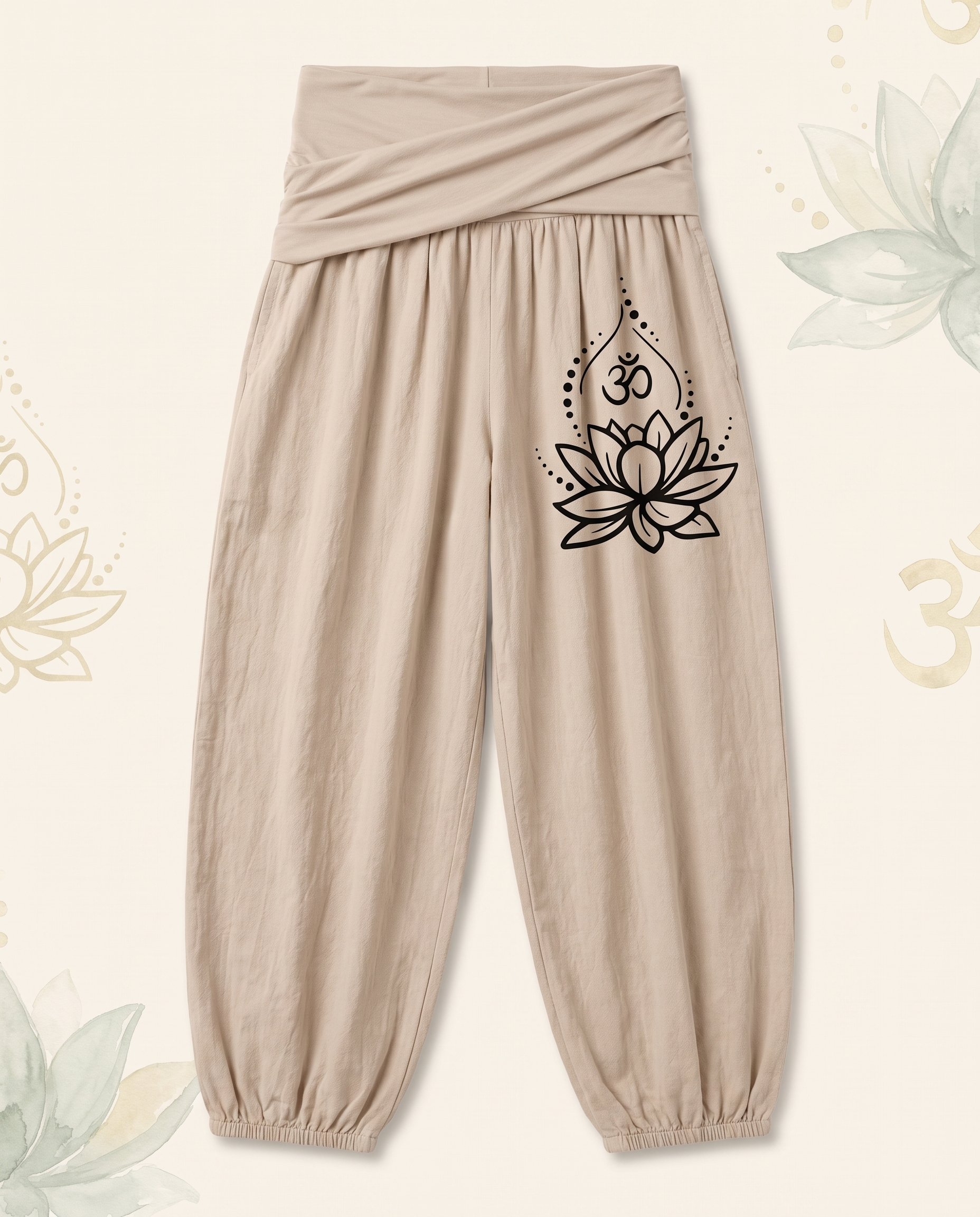Lotus & Om Cotton Harem Pants — in tan, flat-lay view