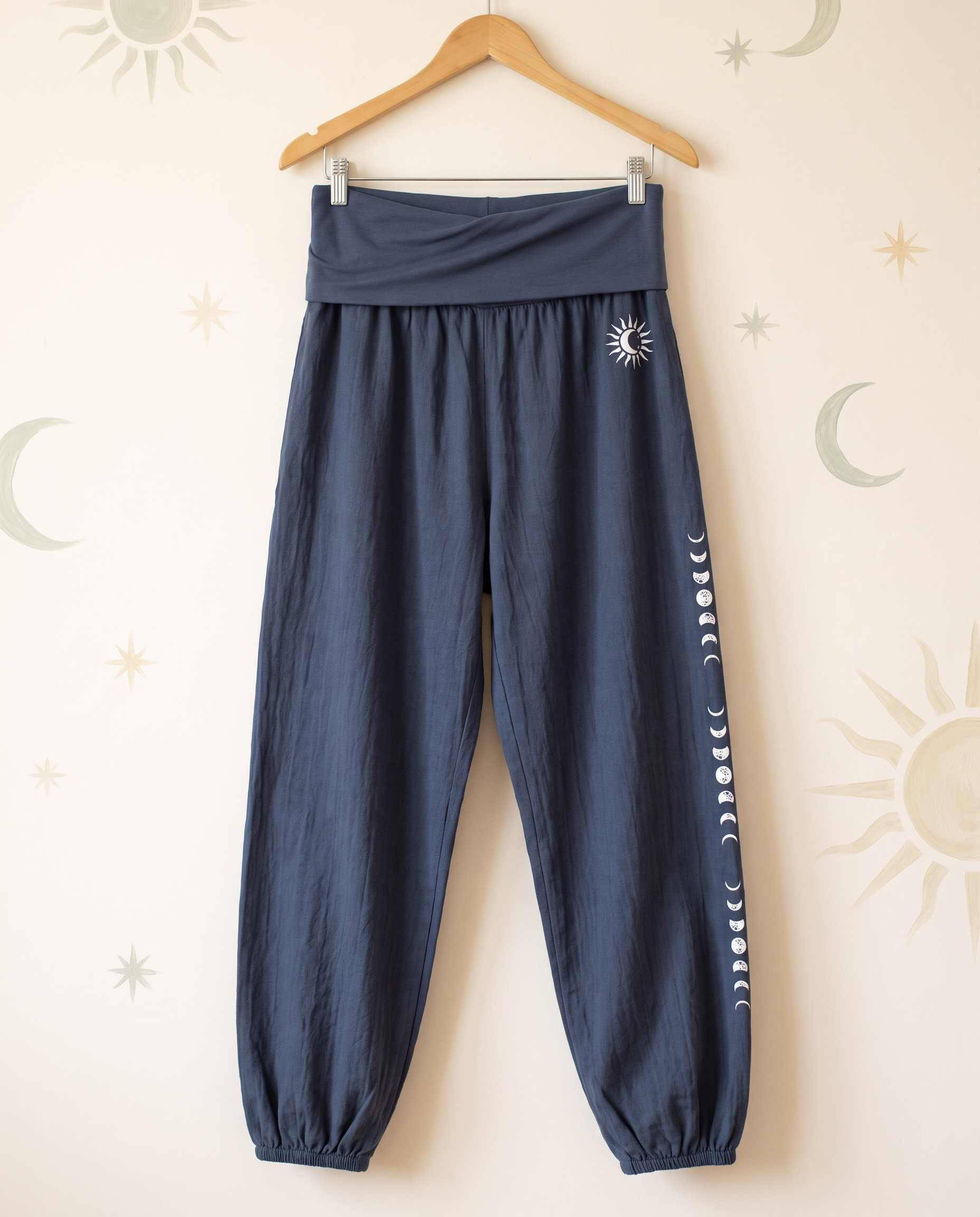 Sun & Moon Cotton Harem Pants — in dark slate blue, hanging view