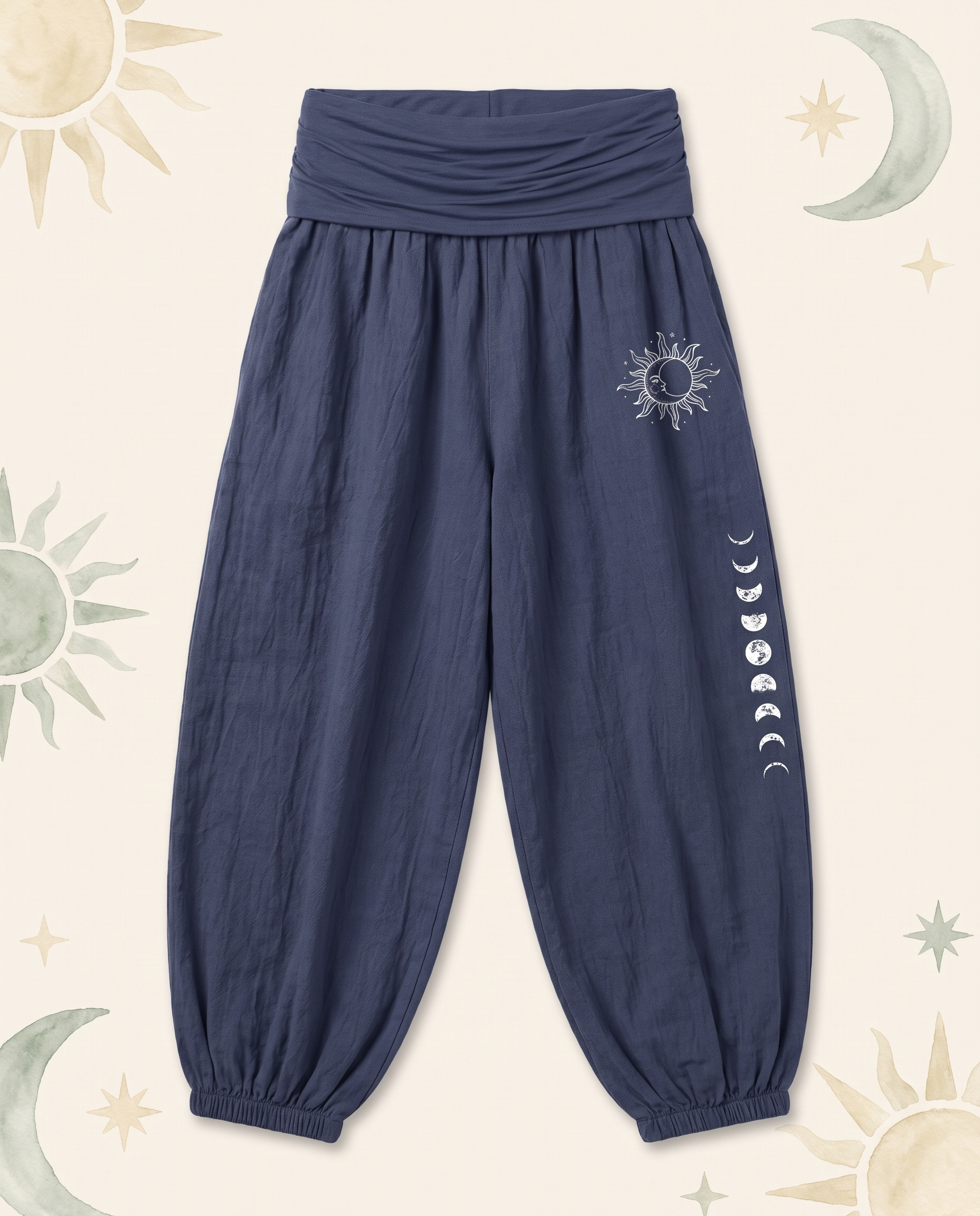 Sun & Moon Cotton Harem Pants — in dark slate blue, flat-lay view