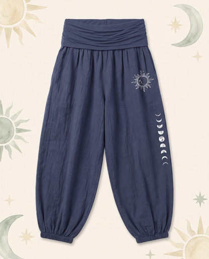 Sun & Moon Cotton Harem Pants — in dark slate blue, flat-lay view