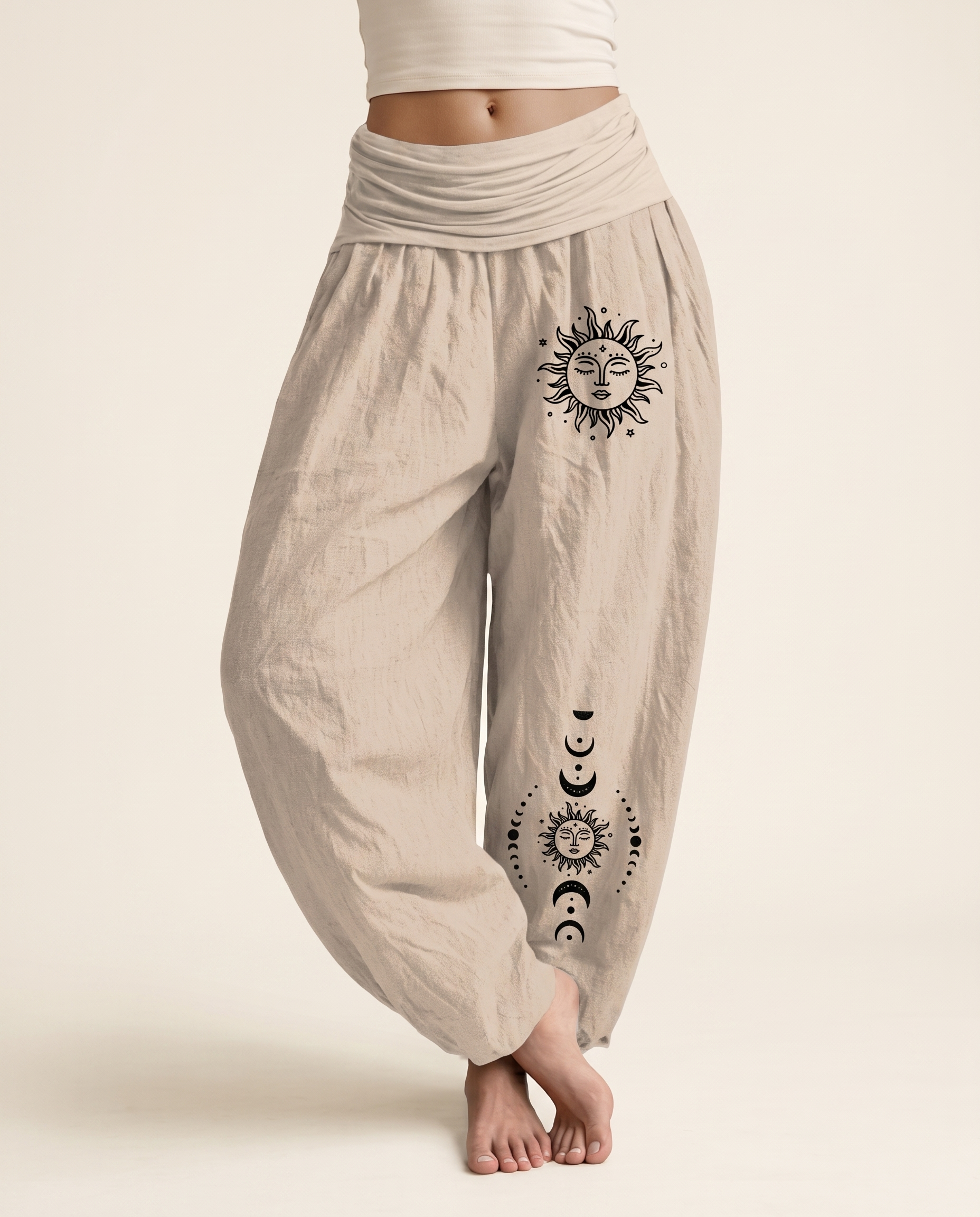 Sun & Moon Cotton Harem Pants — in tan, worn by a model