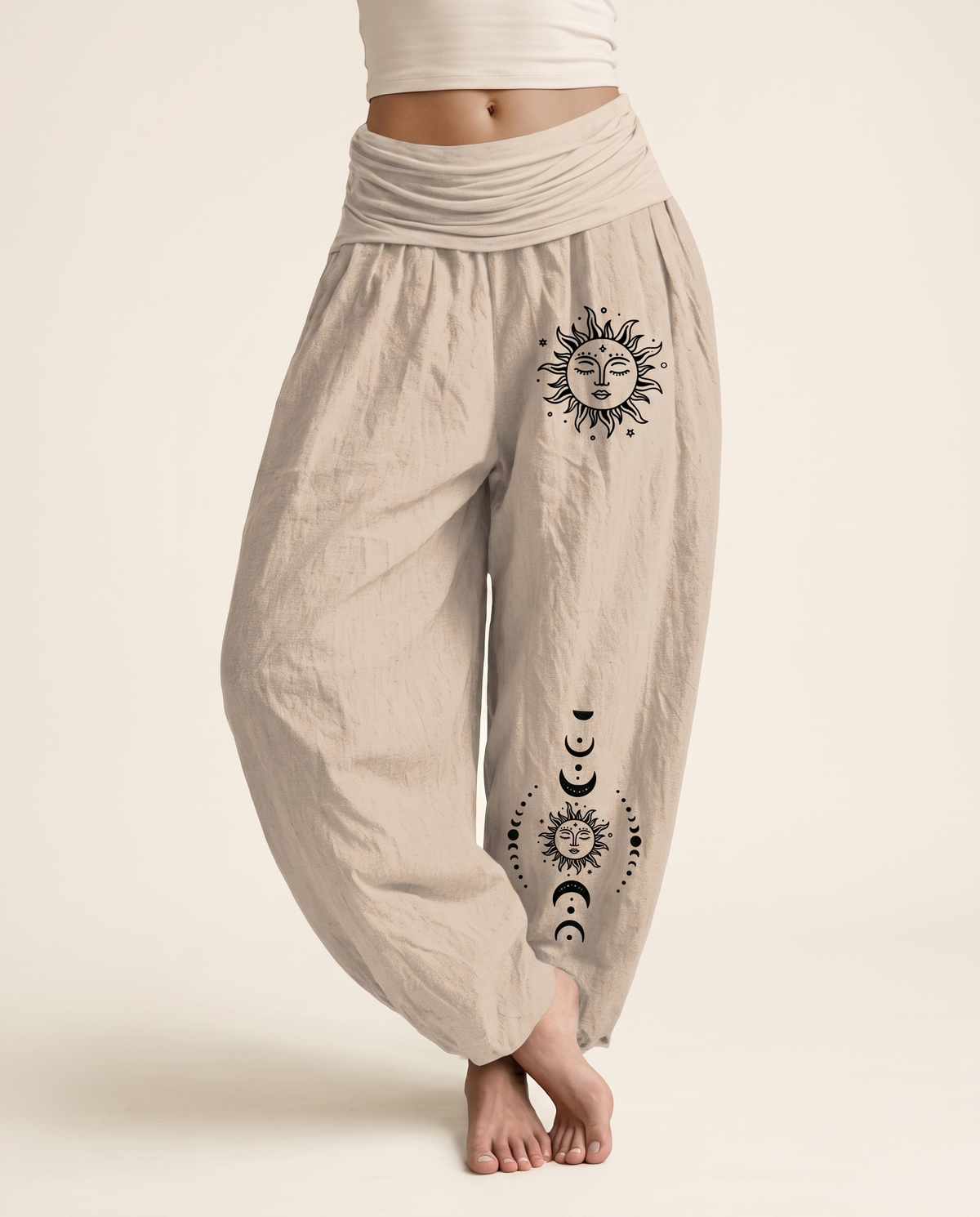 Sun & Moon Cotton Harem Pants — in tan, worn by a model
