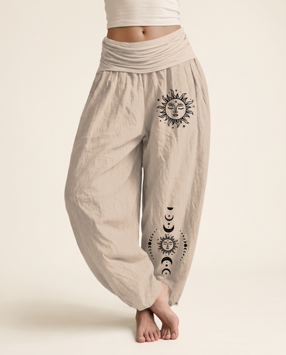 Sun & Moon Cotton Harem Pants — in tan, worn by a model