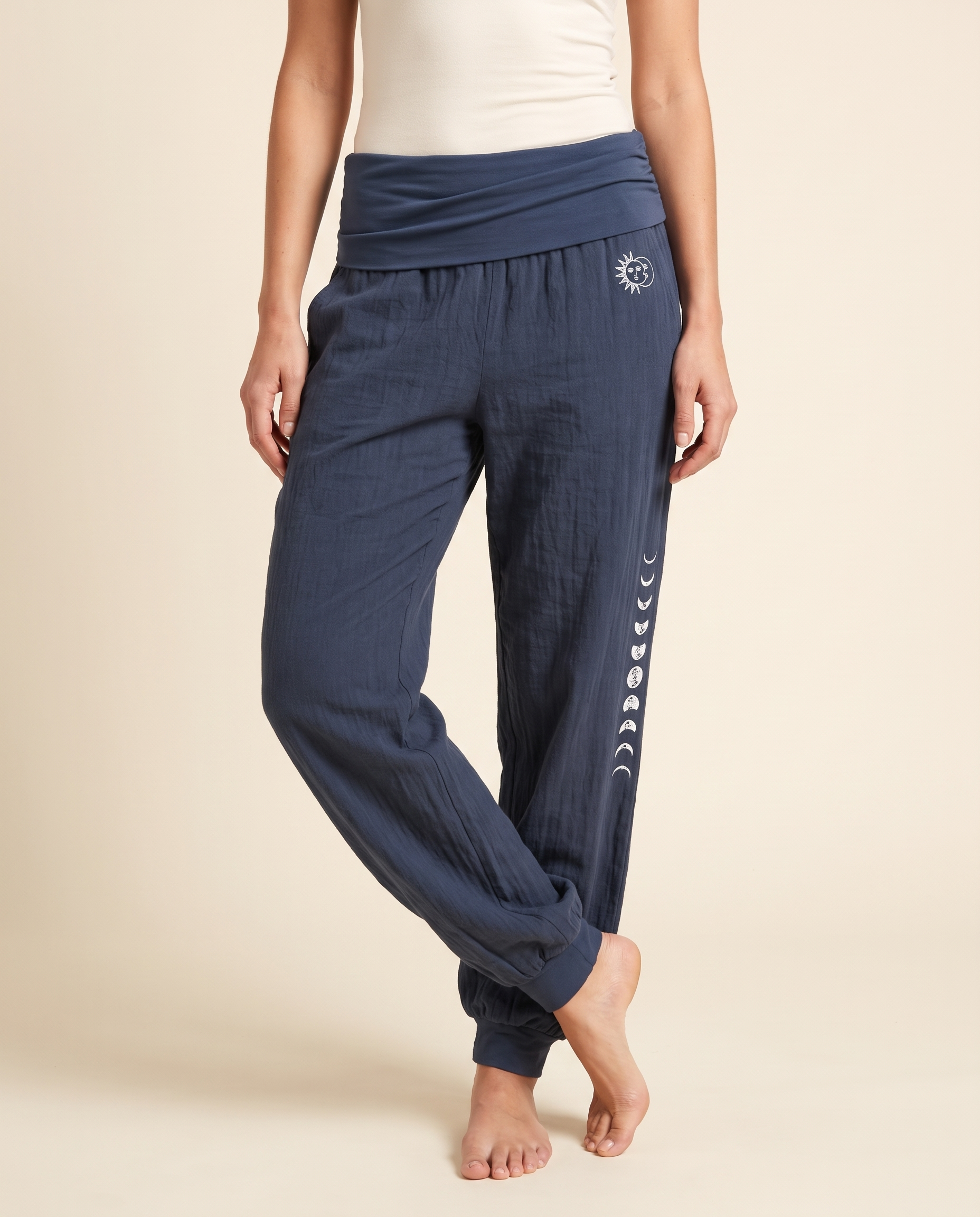 Sun & Moon Cotton Harem Pants — in dark slate blue, worn by a model