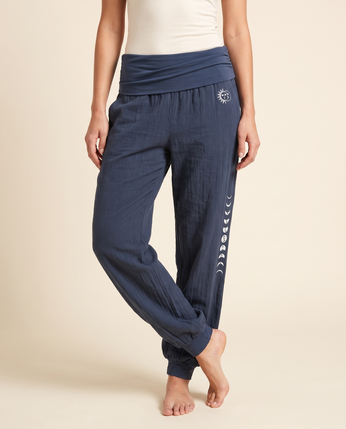 Sun & Moon Cotton Harem Pants — in dark slate blue, worn by a model