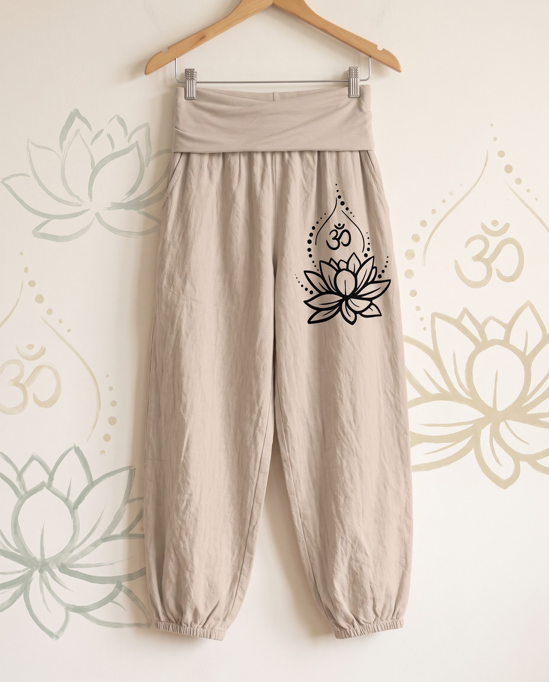 Lotus & Om Cotton Harem Pants — in tan, hanging view