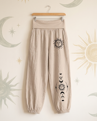 Sun & Moon Cotton Harem Pants — in tan, hanging view