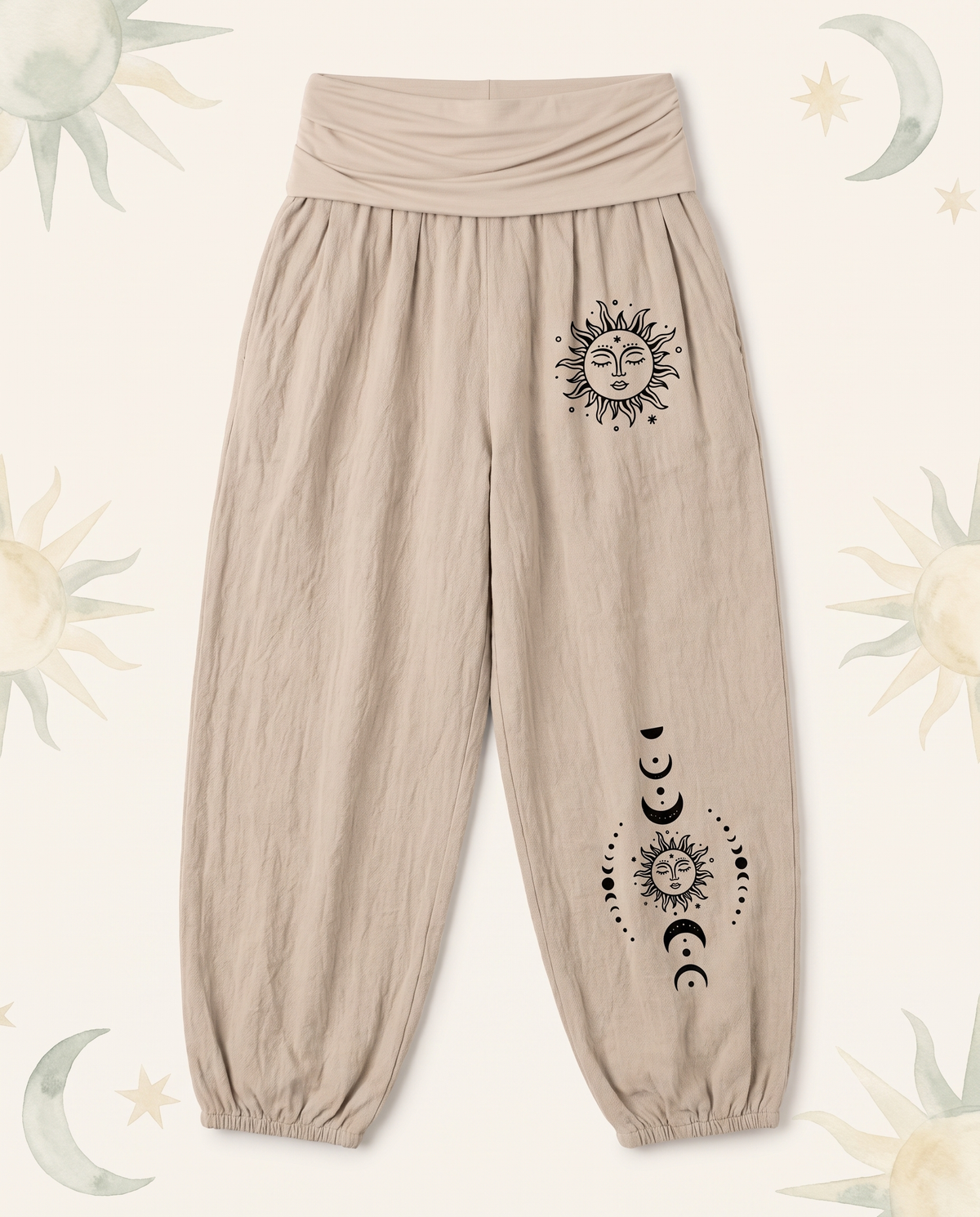 Sun & Moon Cotton Harem Pants — in tan, flat-lay view