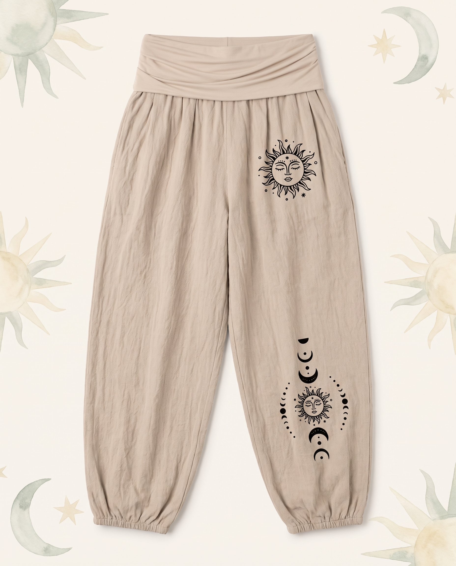 Sun & Moon Cotton Harem Pants — in tan, flat-lay view