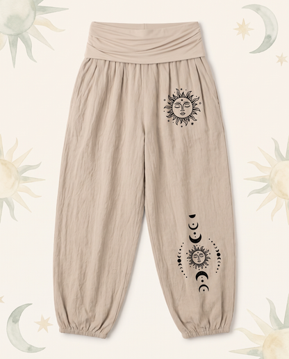 Sun & Moon Cotton Harem Pants — in tan, flat-lay view