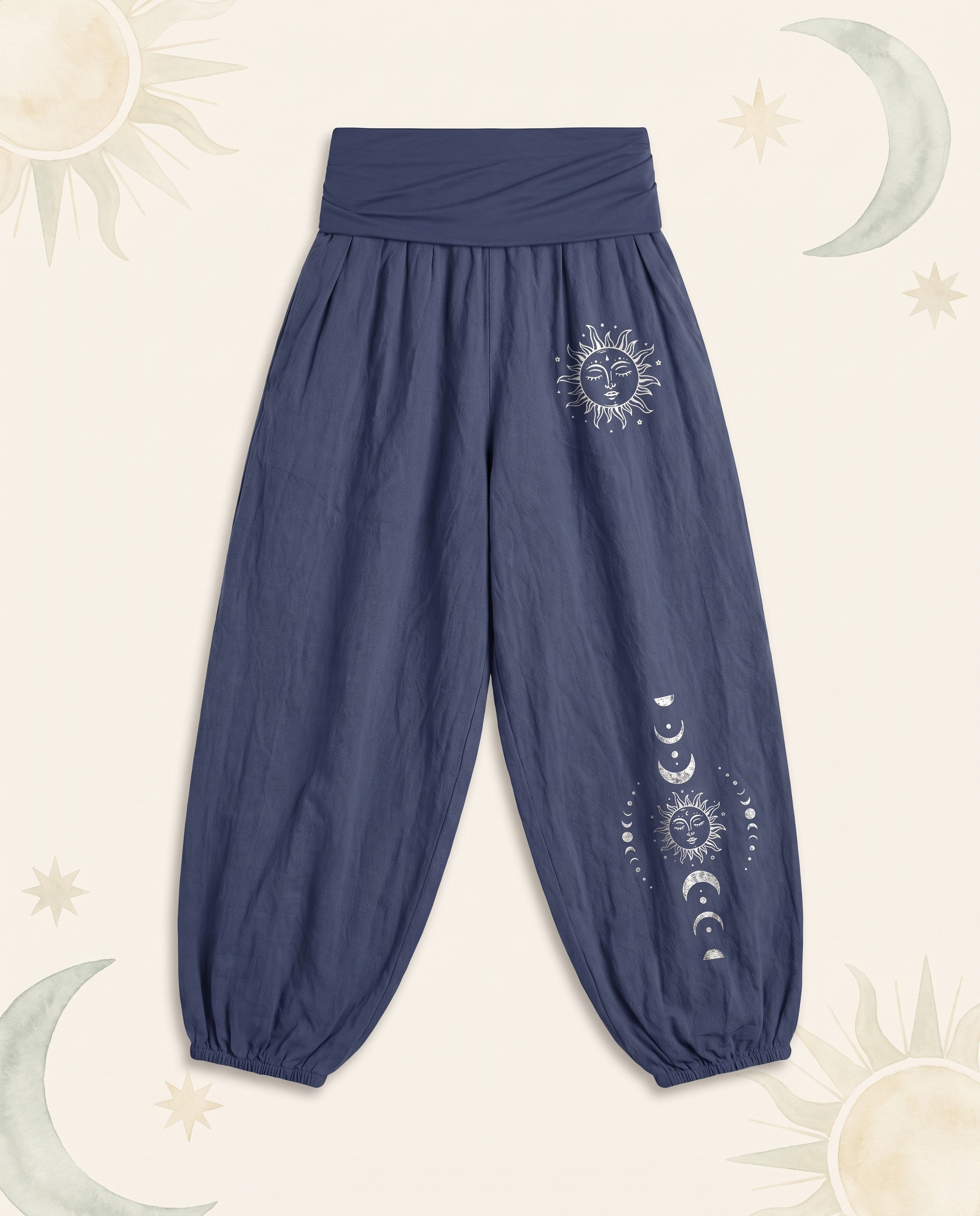Sun & Moon Cotton Harem Pants — in dark slate blue, flat-lay view