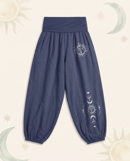 Sun & Moon Cotton Harem Pants — in dark slate blue, flat-lay view