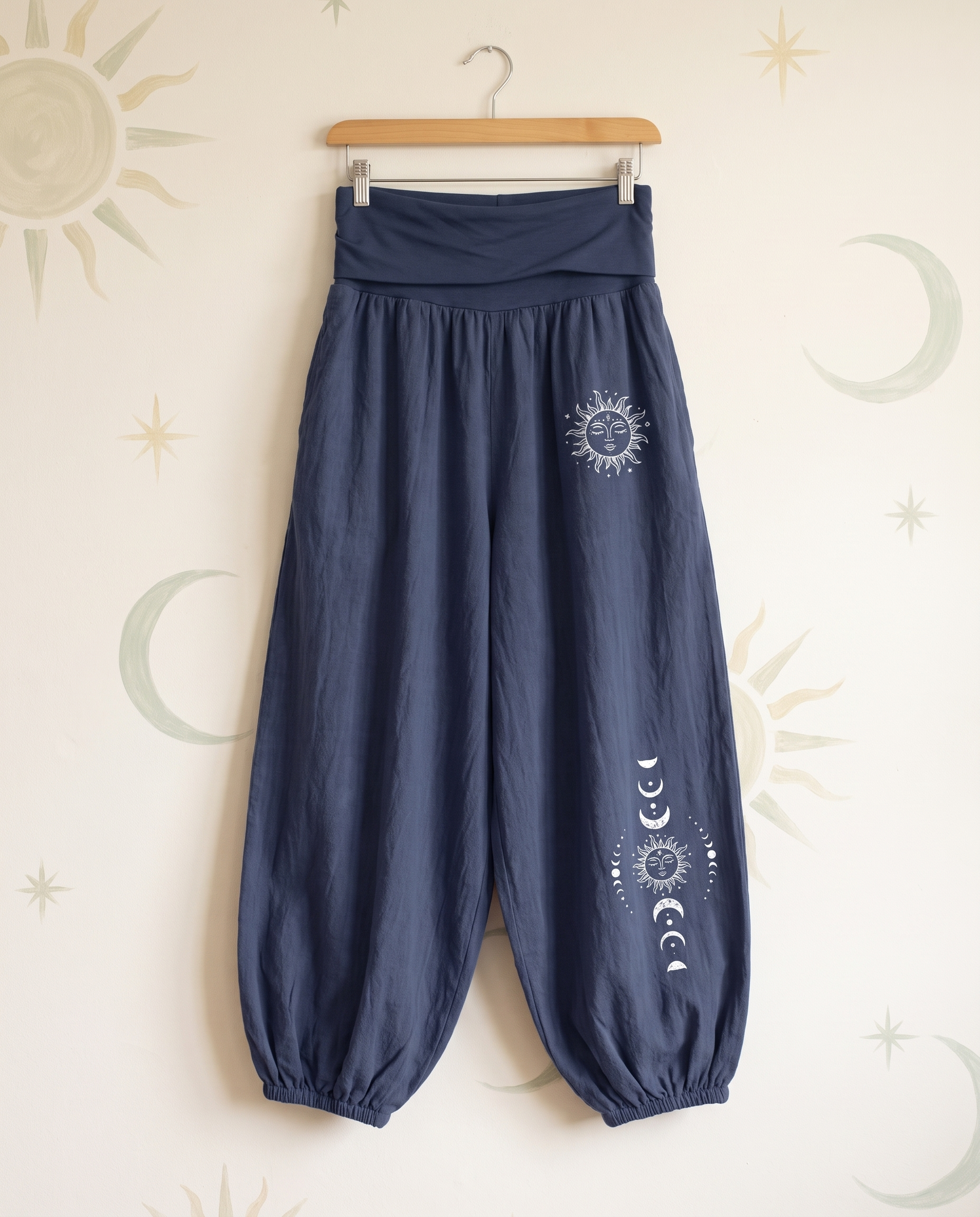Sun & Moon Cotton Harem Pants — in dark slate blue, hanging view