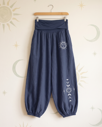 Sun & Moon Cotton Harem Pants — in dark slate blue, hanging view
