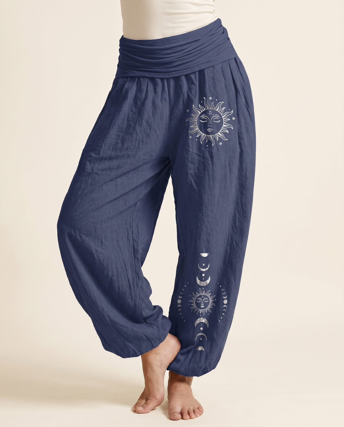 Sun & Moon Cotton Harem Pants — in dark slate blue, worn by a model
