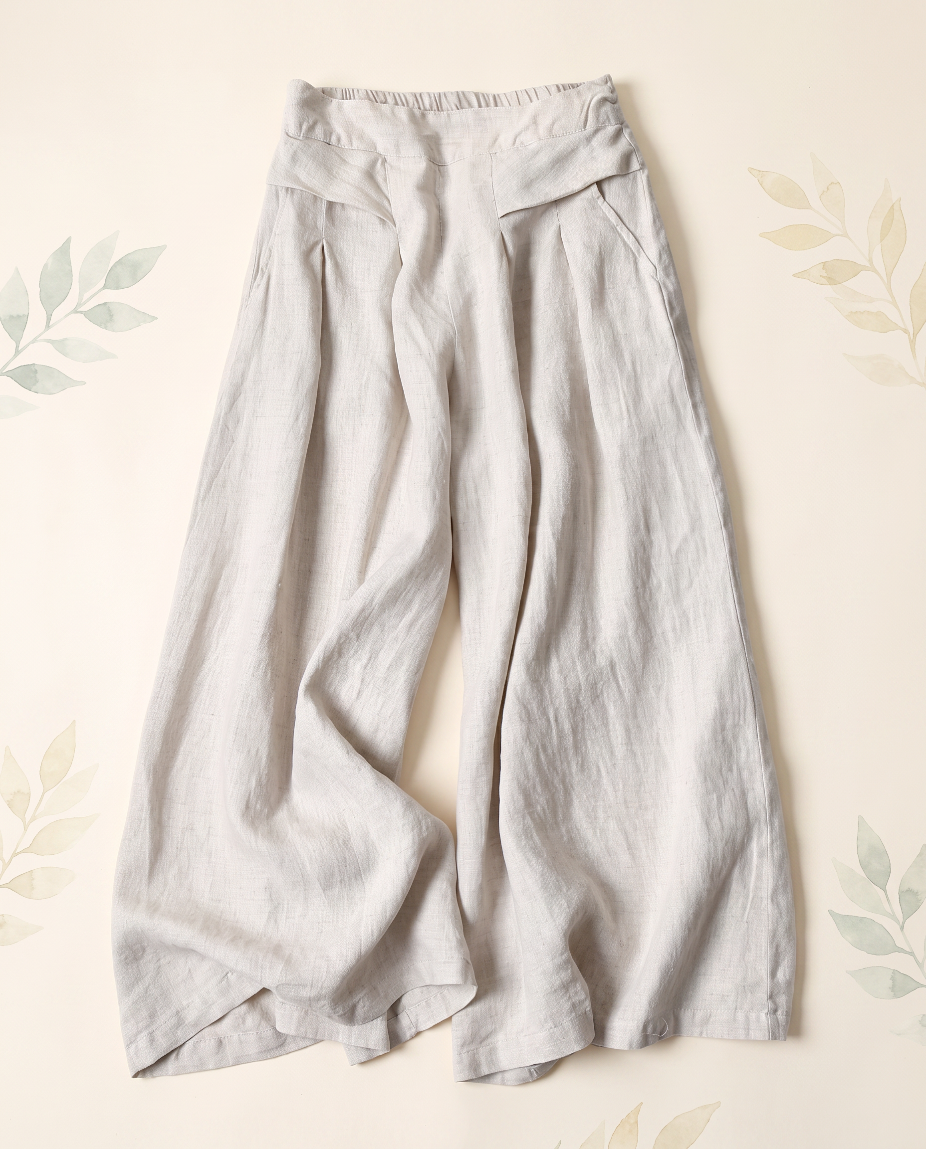 Cotton-Linen Wide-Leg Pants with Pockets — in beige