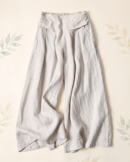 Cotton-Linen Wide-Leg Pants with Pockets — in beige