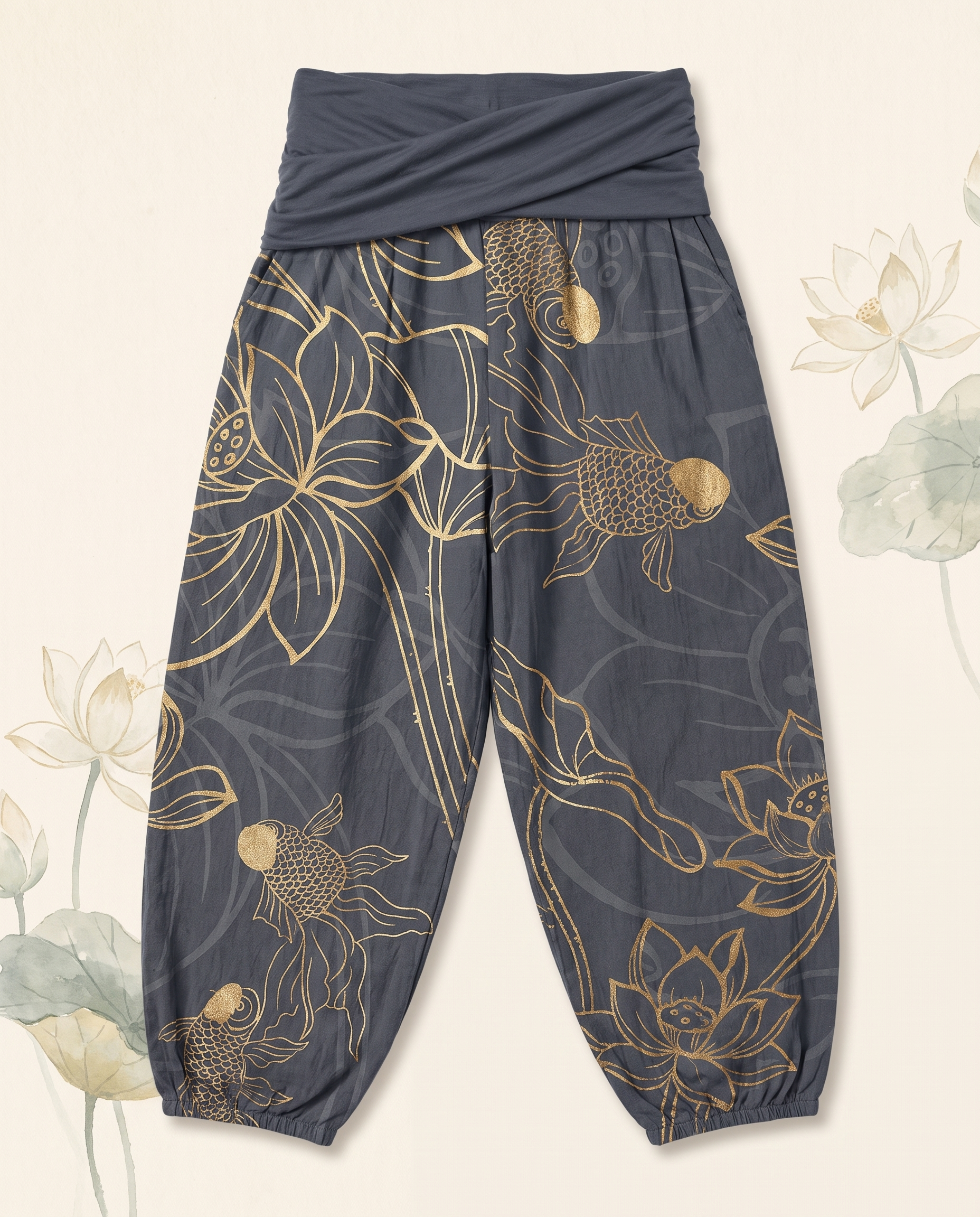 Koi & Lotus Cotton Harem Pants — in dim gray