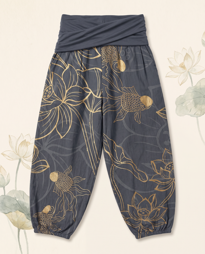 Koi & Lotus Cotton Harem Pants — in dim gray