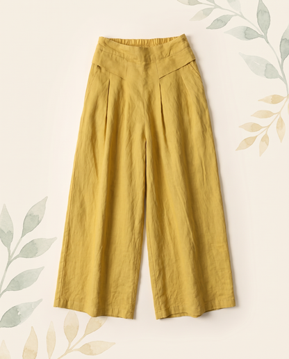 Cotton-Linen Wide-Leg Pants with Pockets — in yellow