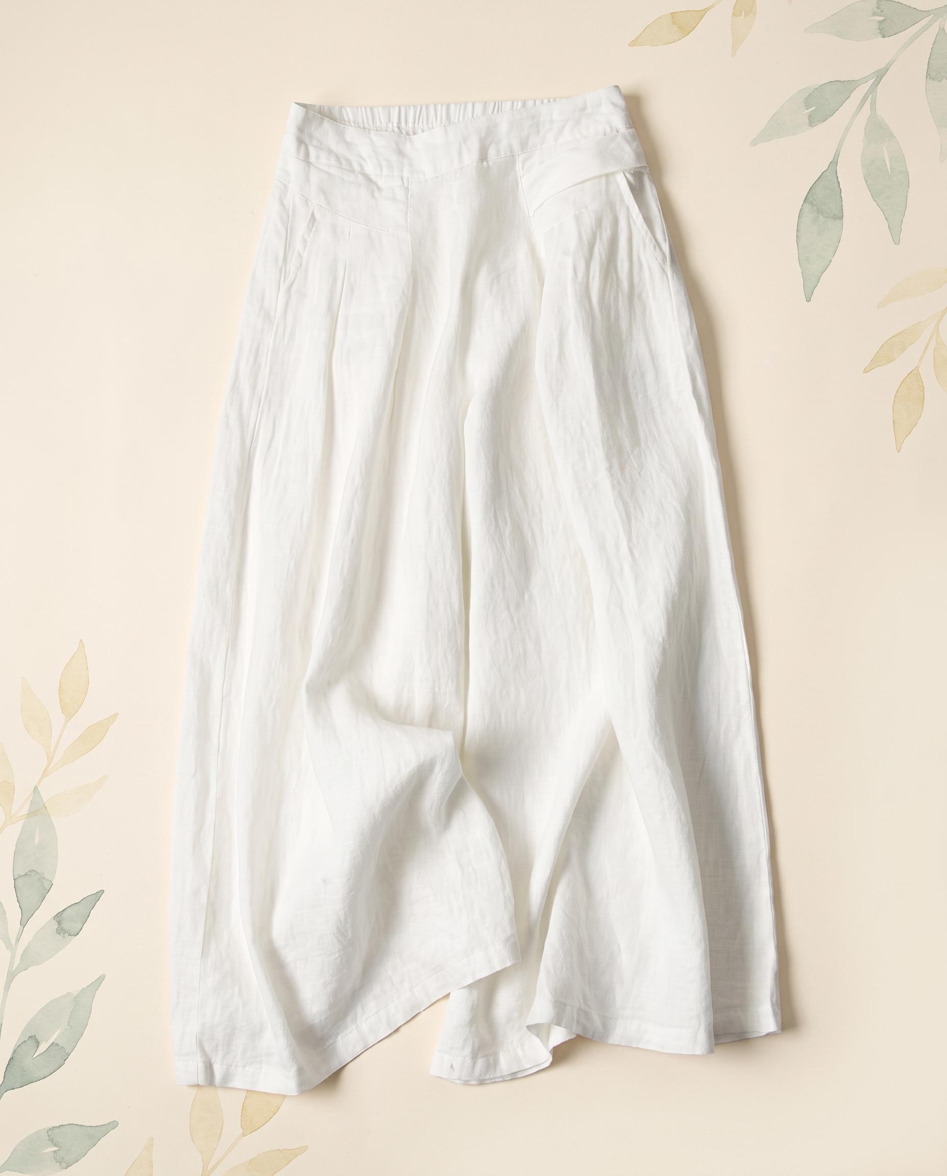 Cotton-Linen Wide-Leg Pants with Pockets — in white