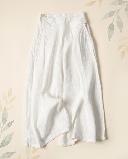 Cotton-Linen Wide-Leg Pants with Pockets — in white