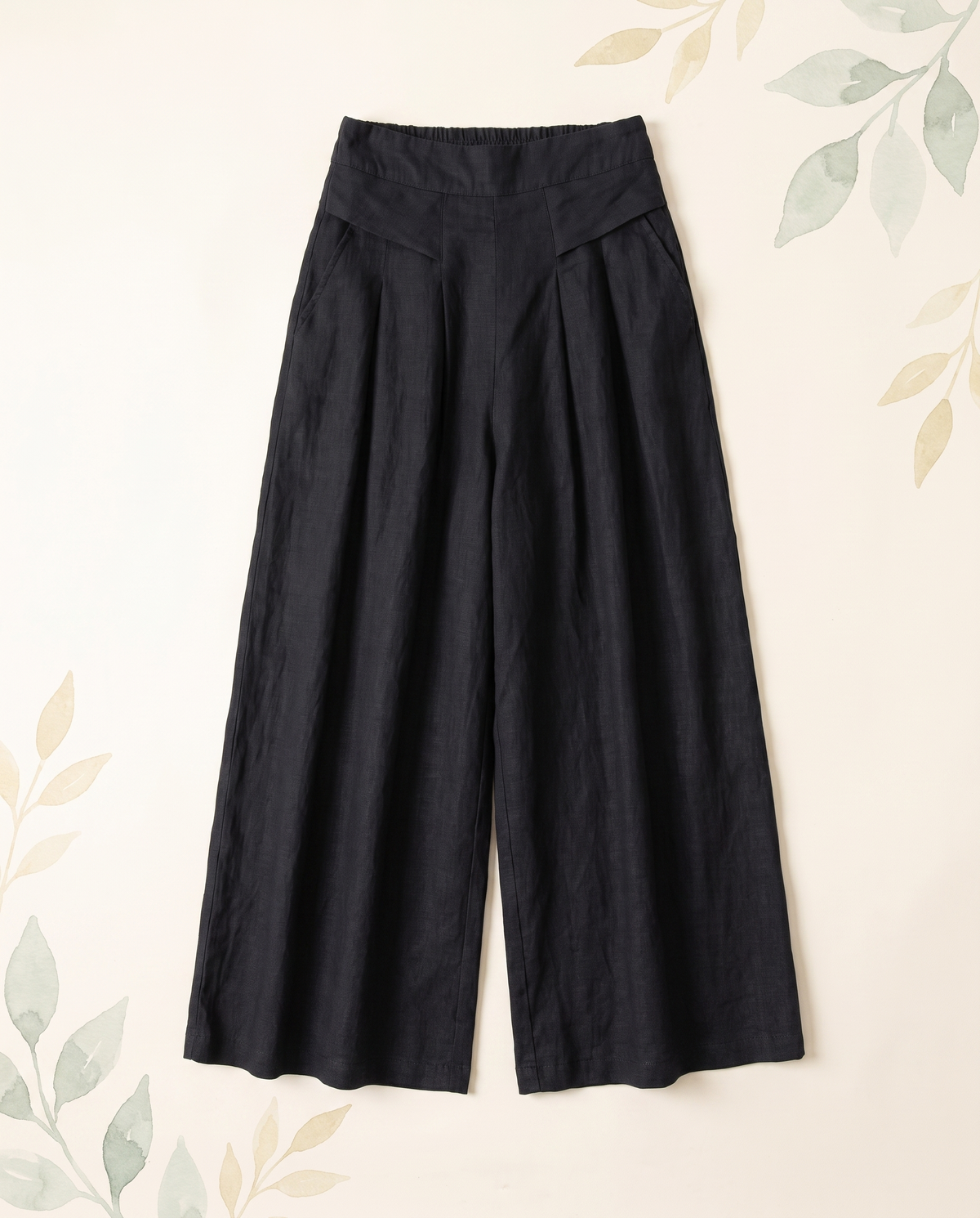 Cotton-Linen Wide-Leg Pants with Pockets — in black