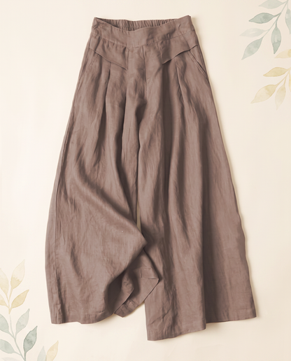 Cotton-Linen Wide-Leg Pants with Pockets — in sienna