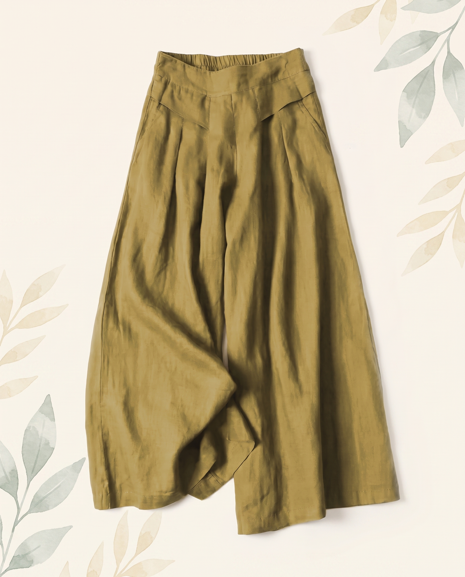 Cotton-Linen Wide-Leg Pants with Pockets — in dark khaki
