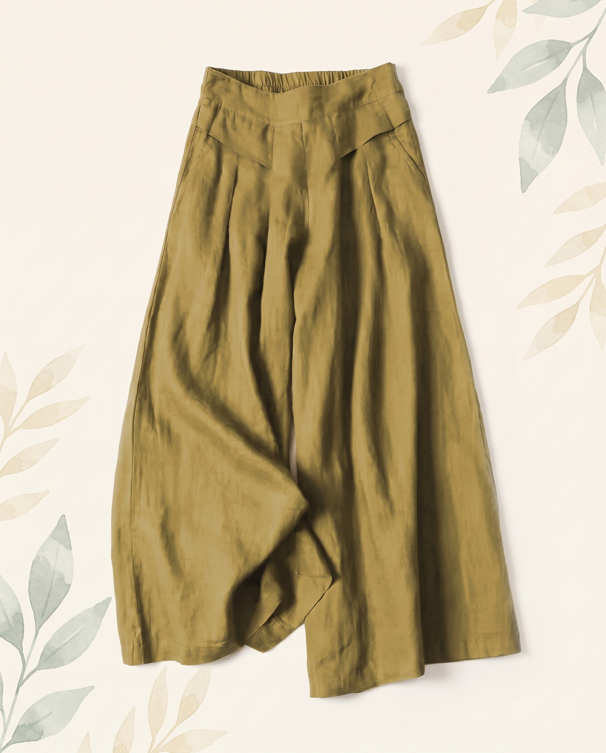 Cotton-Linen Wide-Leg Pants with Pockets — in dark khaki