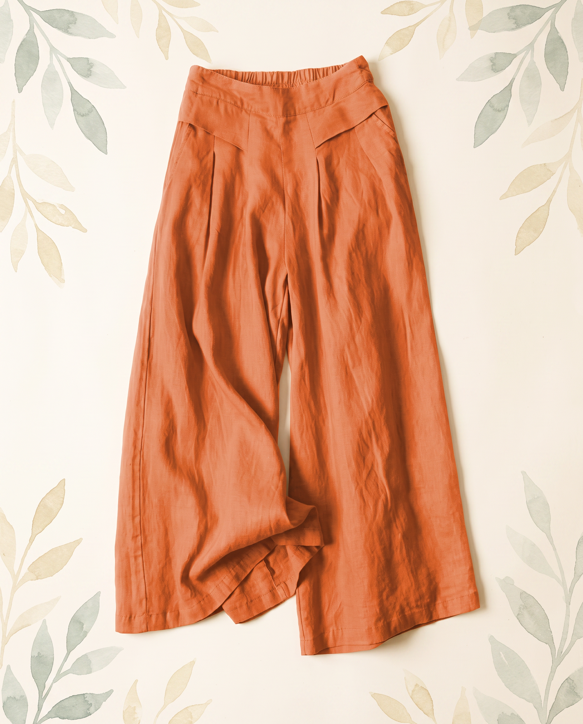 Cotton-Linen Wide-Leg Pants with Pockets — in orange