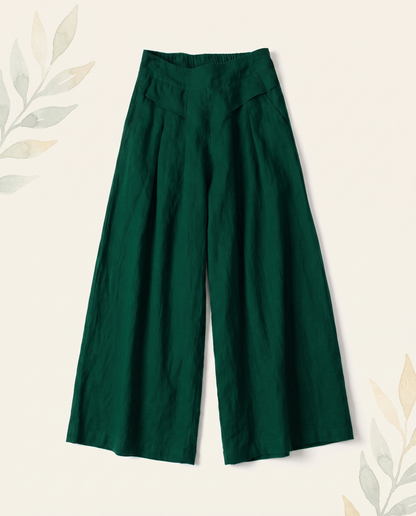 Cotton-Linen Wide-Leg Pants with Pockets — in dark green