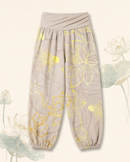 Koi & Lotus Cotton Harem Pants — in beige