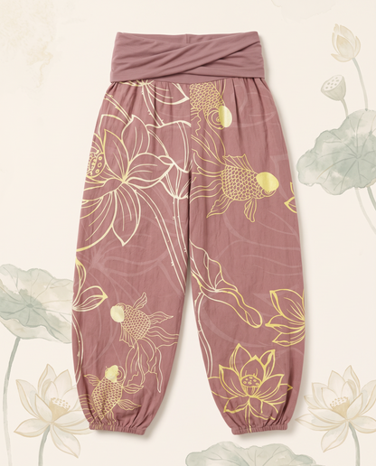 Koi & Lotus Cotton Harem Pants — in pale violet red