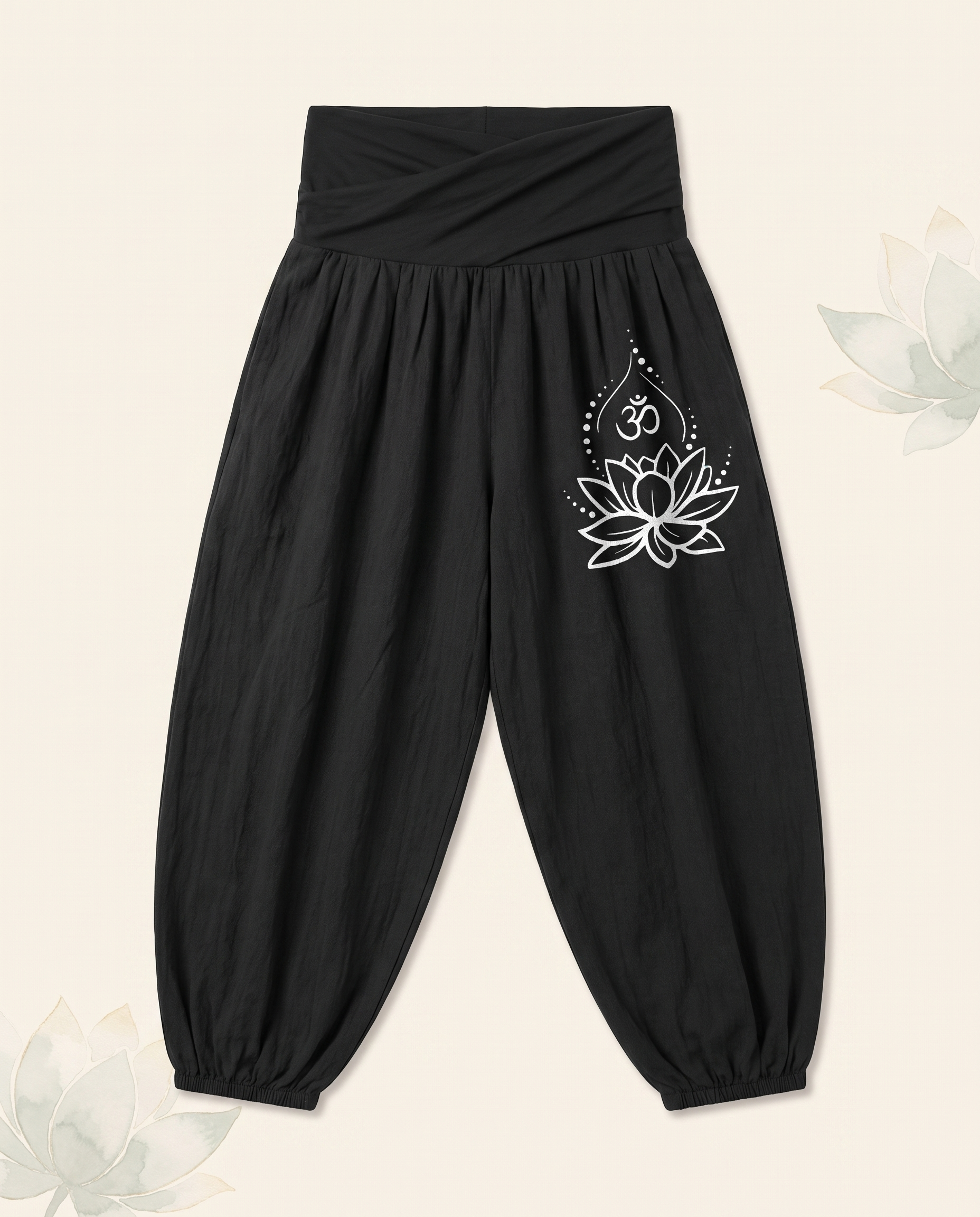 Lotus & Om Cotton Harem Pants — in black