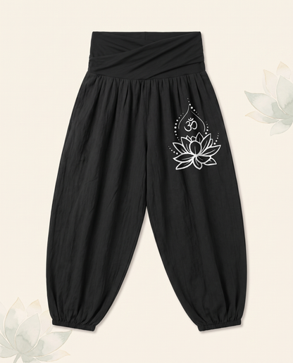 Lotus & Om Cotton Harem Pants — in black