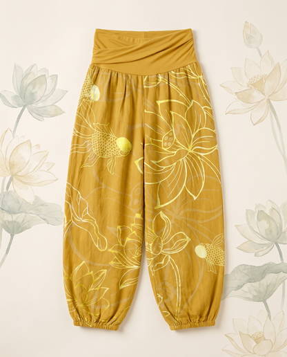 Koi & Lotus Cotton Harem Pants — in gold