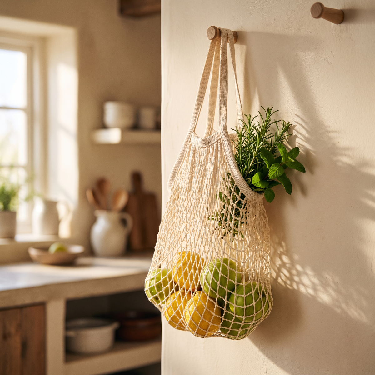 Cotton mesh bag holding lemons, apples and herbs, hanging on a kitchen wall
