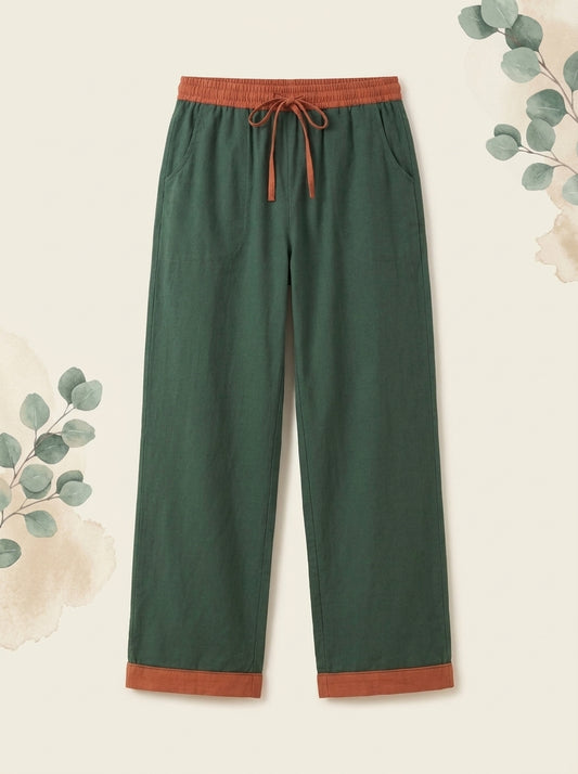 Cotton Drawstring Pants with Pockets — Forest Green — product-only view, straight legs and thin turned-up cuffs